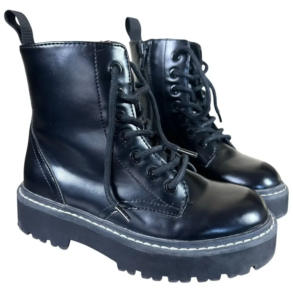 H&M Little Girl Black Lace-Up Combat Boots, Size 13.5